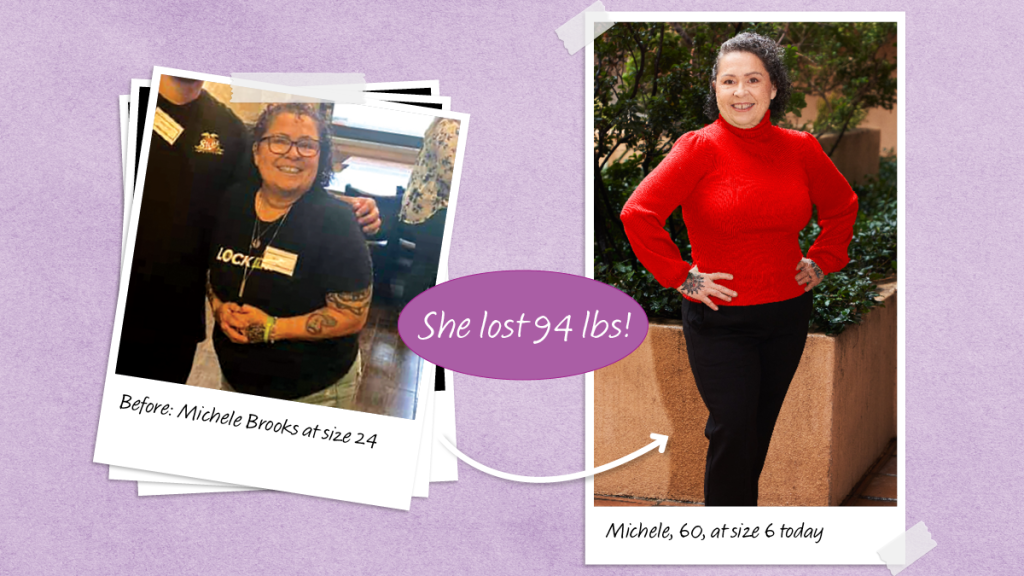 Before and after photos of Michele Brooks who used a diet that let her eat pizza to lose weight