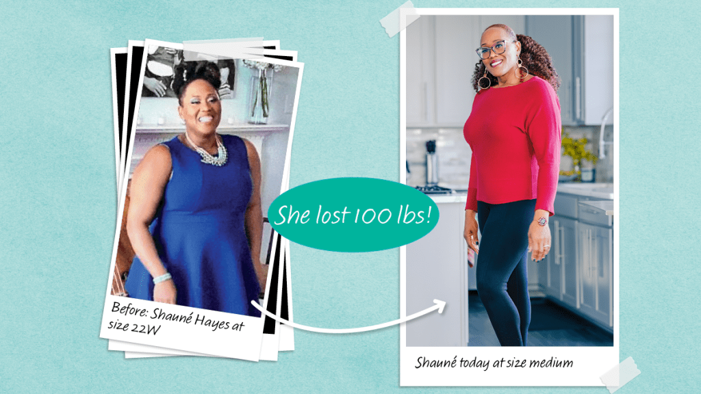 Before and after photos of Shaune Hayes, who lost 100 lbs with the help of a plant based diet