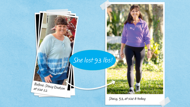 Before and after photos of Stacy Dodson who lost 93 lbs with slow walking