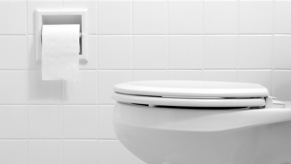 A white toilet with a closed lid beside a toilet paper roll