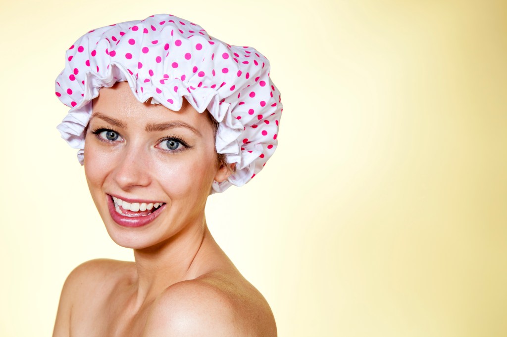 Woman wearing a shower cap