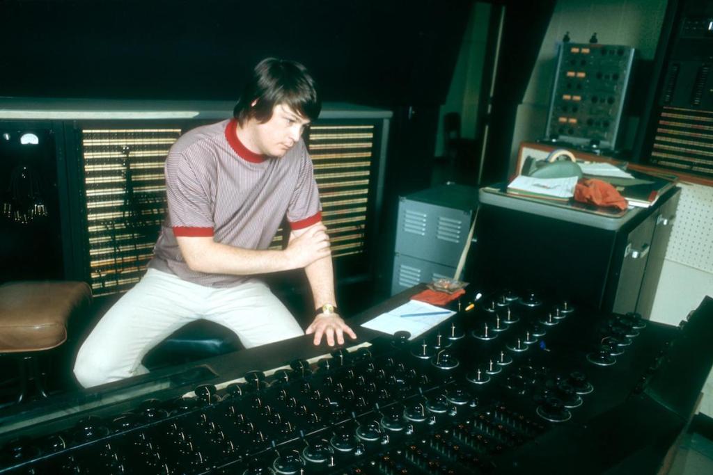 Brian Wilson of the rock and roll band "The Beach Boys" directs from the control room while recording the album "Pet Sounds" in 1966 