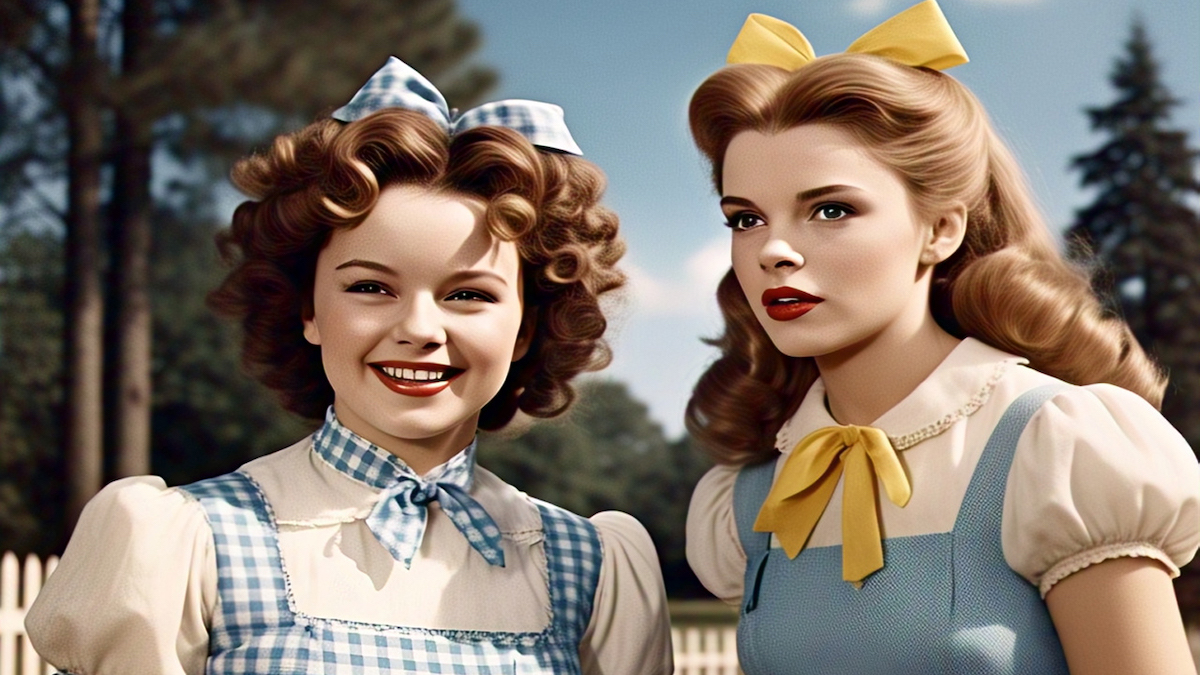 Shirley Temple and Judy Garland as Dorothy in The Wizard of Oz, AI generated.