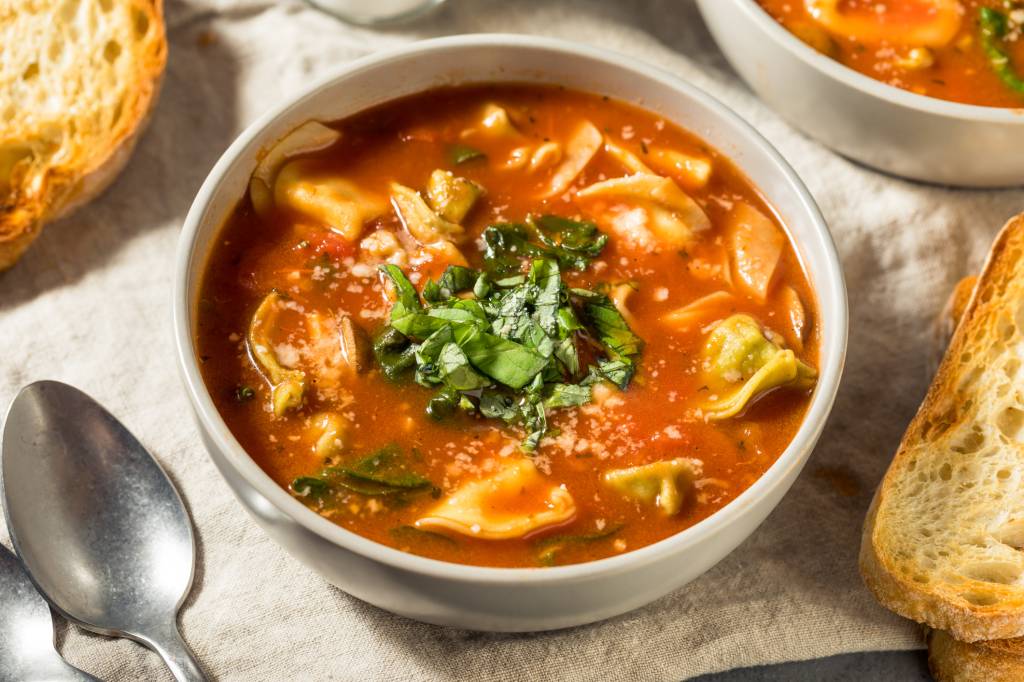 Bowl of creamy Italian tortellini soup