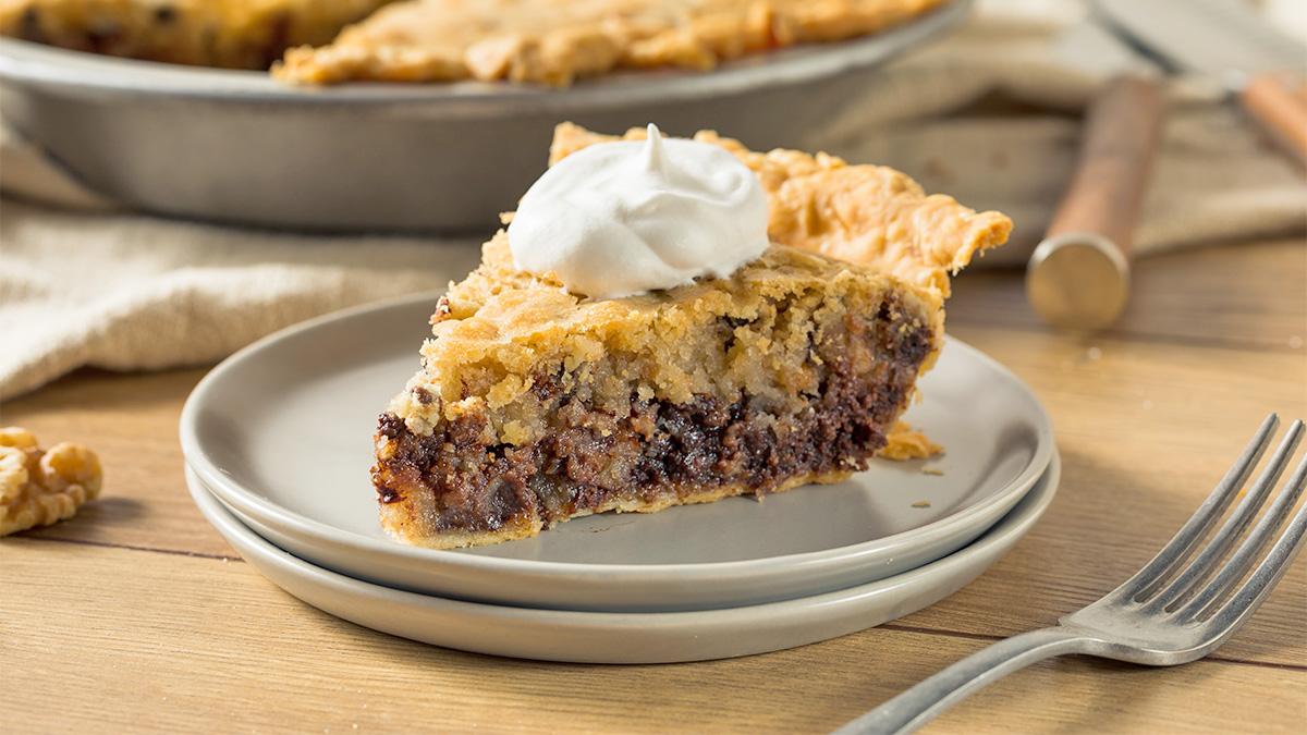 A slice of chocolate pie topped with whipped cream and served for the Kentucky Derby
