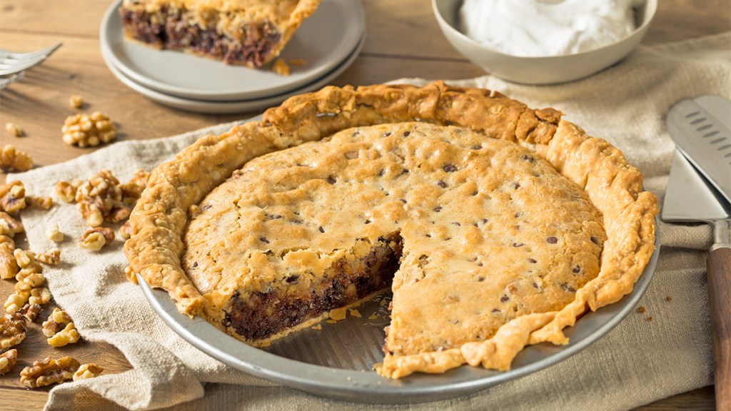 A homemade chocolate and walnut pie being served for the Kentucky Derby