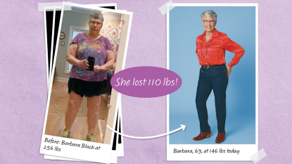 Before and after images of Barbara Black who lost 110 lbs using the fastest diet winner of the Battle of the Diets study