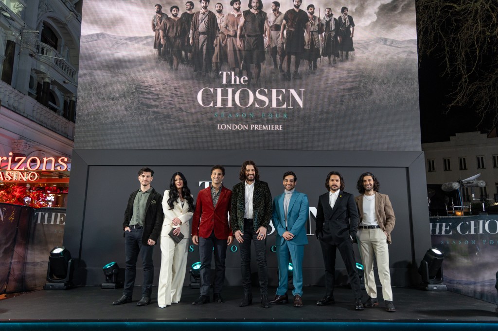The Chosen cast has become globally known — (L-R) George H. Xanthis plays John, Elizabeth Tabish plays Mary Magdalene, Alaa Safi plays Simon the Zealot, Jonathan Roumie plays Jesus, Paras Patel plays Matthew, Shahar Isaac plays Simon Peter and Noah James plays Andrew attending the Global Premiere of Season 4 in London, England