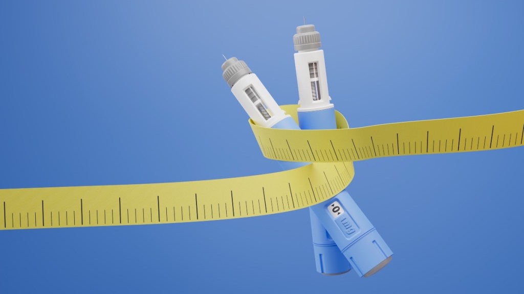Two semaglutide injectables, which can used to aid weigh loss, wrapping in a yellow measuring tape against a blue background