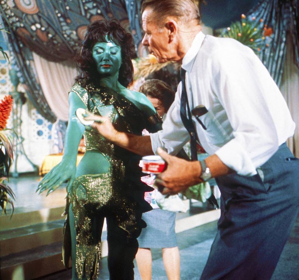 STAR TREK, makeup artist Fred Phillips with Susan Oliver, as an Orion slave girl in the Pilot episode, 'The Cage' (repeated in Season 1, 'The Menagerie').