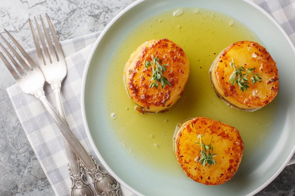 top view of cooked fondant melting potatoes by Katie Lee Biegel