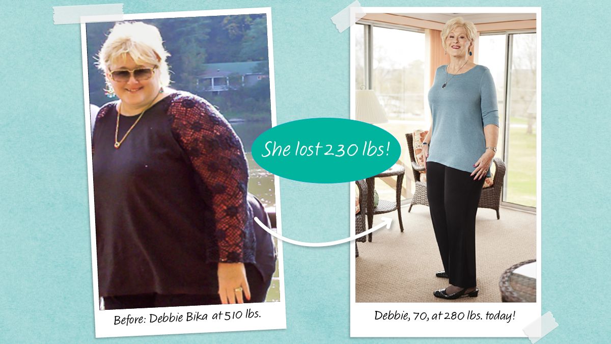 before and after of Debbie Bika, who lost 230 pounds with protein for weight loss