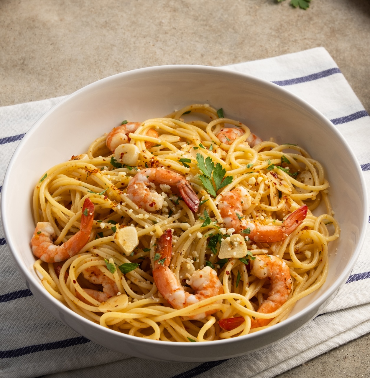 Bowl of Rachael Ray's spicy shrimp aglio olio
