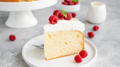 tres leches cake slice on white plate with berries