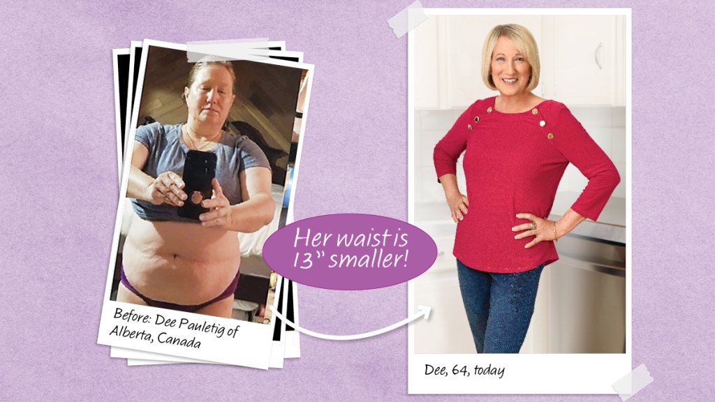 Before and after photos of Dee Pauletig whose waist shrank 13 inches on a Meno-belly diet