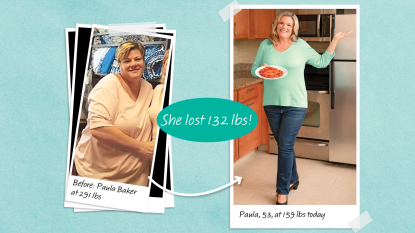 Before and after photos of Paula Baker who lost 153 lbs with the help of Fathead pizza dough
