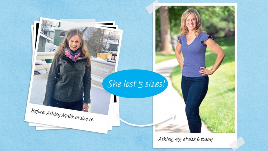 Before and after photos of Ashley Malik who lost 5 sizes after adding nuts to a low-carb diet