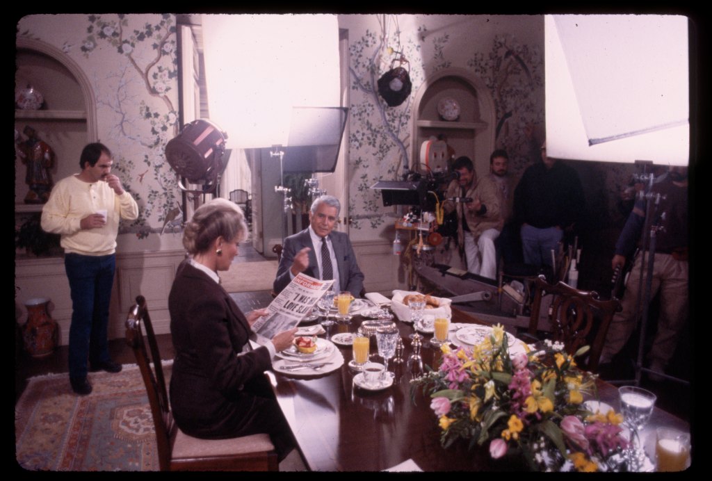 John Forsythe and Linda Evans shooting a scene for Dynasty