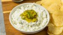 Fried pickle dip with ridged chips