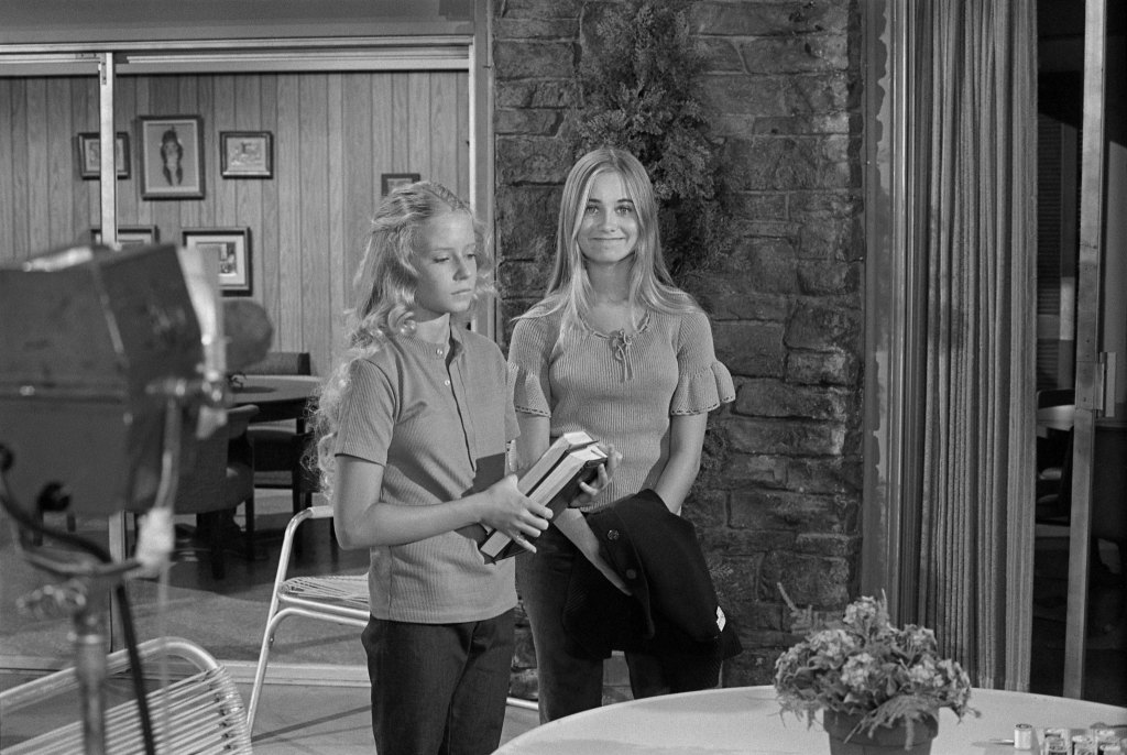 LOS ANGELES - JULY 26: L-R: Eve Plumb (Jan Brady) and Maureen McCormick (Marcia Brady) rehearse on the set of 'The Brady Bunch' at Paramount Studios on July 26, 1972 in Los Angeles, California.
