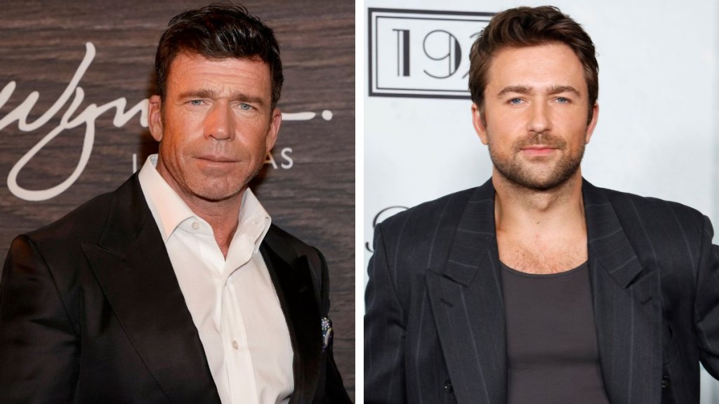 Left: Taylor Sheridan in 2021 ; Right: Brandon Sklenar in 2025
