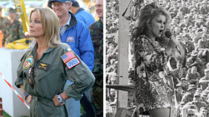 Left: Bo Derek preparing to perform for troops in 2001; Right: Ann-Margret performing for troops in 1968
