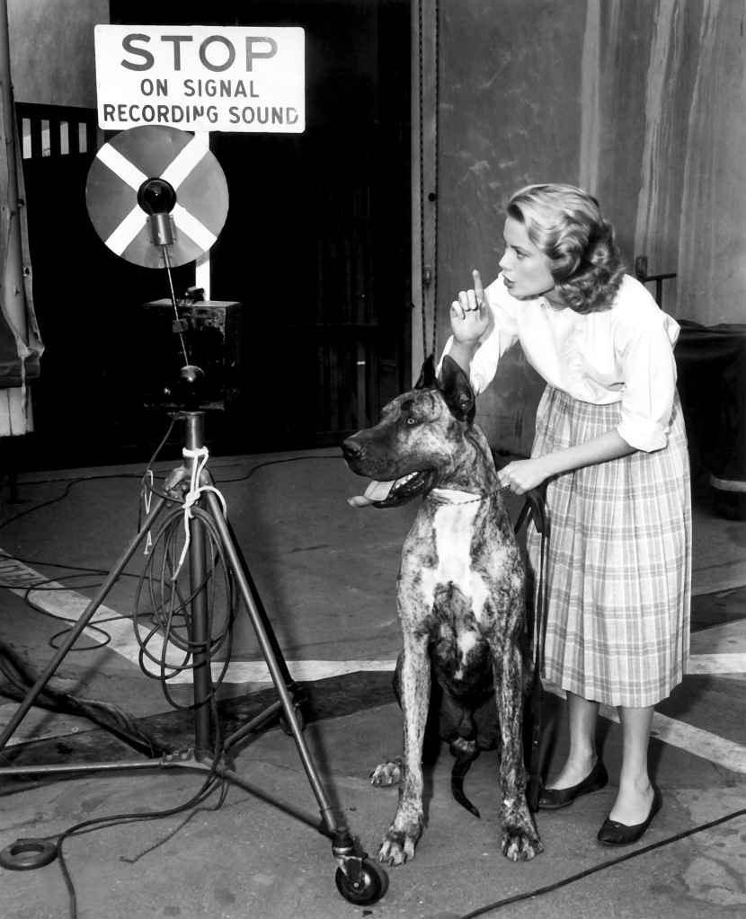 Grace Kelly with Rosemary Clooney's Great Dane on the set of Rear Window