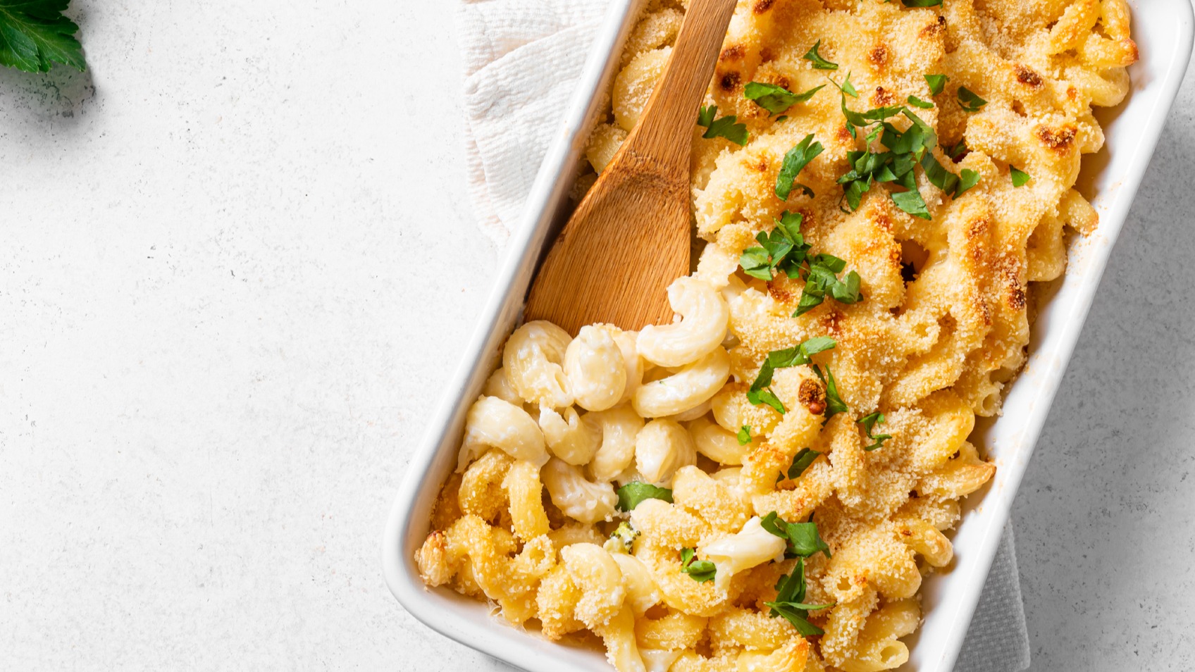 top-view of Ina Garten's grown-up mac and cheese with bacon, three cheeses and breadcrumbs in baking dish
