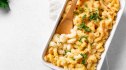 top-view of Ina Garten's grown-up mac and cheese with bacon, three cheeses and breadcrumbs in baking dish
