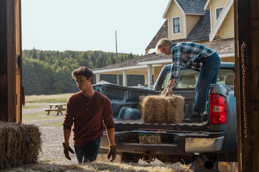 boys loading bales of hay
