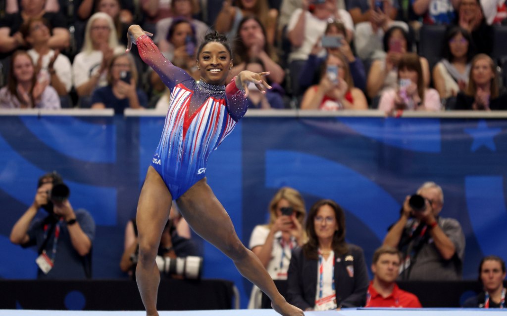 Simone Biles performs floor exercise at the U.S. Olympics trials in June 2024