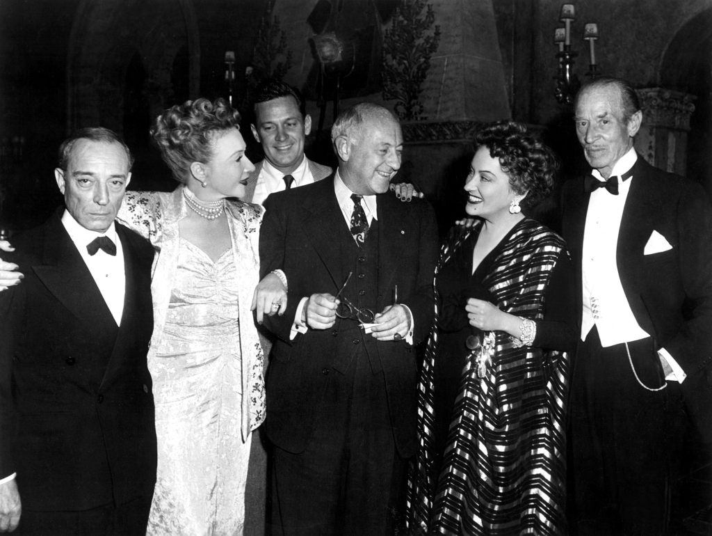 SUNSET BOULEVARD, Buster Keaton, Anna Q. Nilsson, William Holden, Cecil B. DeMille, Gloria Swanson and H.B. Warner on-set, 1950