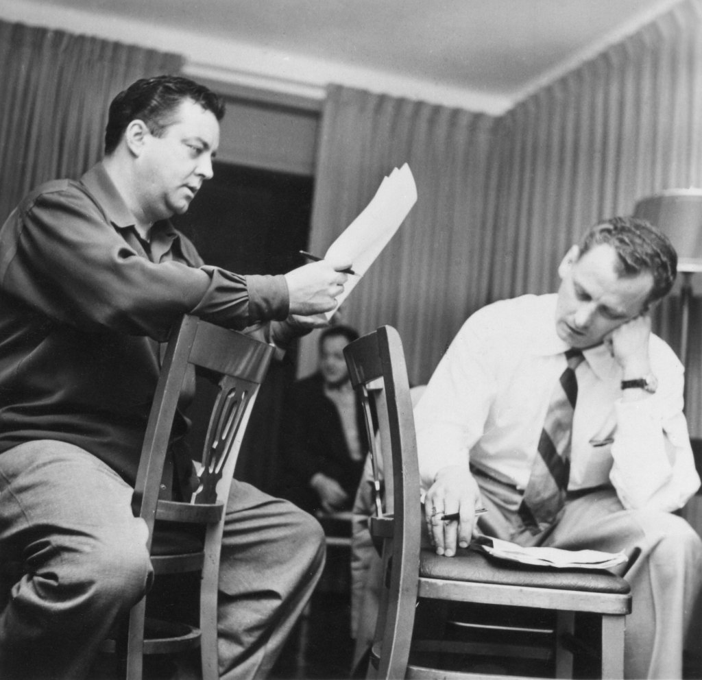THE HONEYMOONERS, from left: Jackie Gleason, Art Carney, reviewing episode scripts, 1955-56