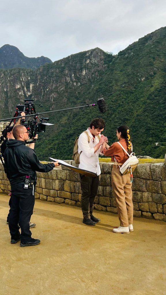 Alec Santos and Rhiannon Fish during the filming of A Machu Picchu Proposal