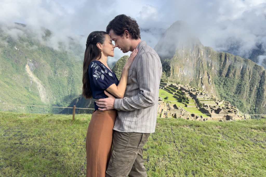 Alec Santos and Rhiannon Fish have a romantic moment on-location in A Machu Picchu Proposal