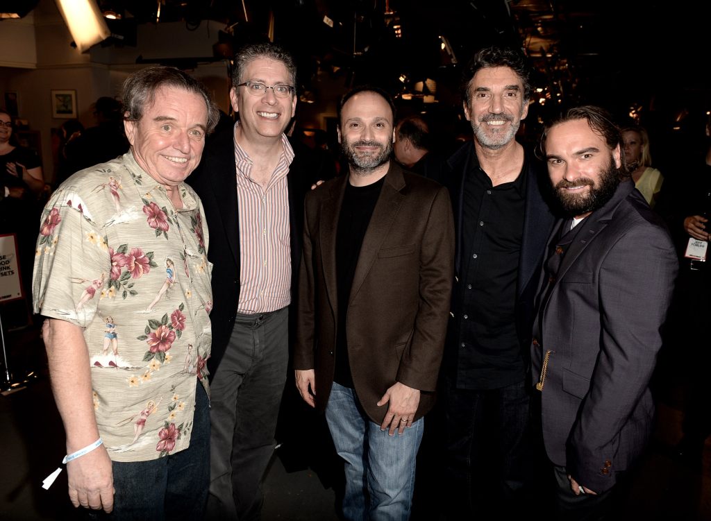 (L-R) Actor Jerry Mathers, executive producers Steve Molaro, Bill Prady, Chuck Lorre and actor Johnny Galecki appear on the set of "The Big Bang Theory" for a dialogue with members of The Academy of Television Arts and Sciences at Warner Bros. Studios on August 15, 2013 in Burbank, California. 