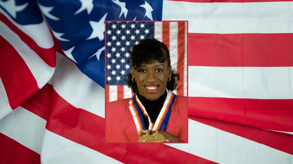 Jackie Joyner-Kersee poses with her gold medals after winning Heptathalon at the 1988 Olympics