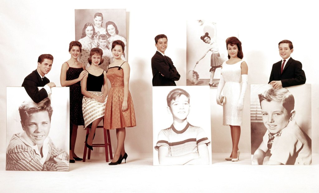From left, Tony Dow, The Lennon Sisters (from left, Kathy Lennon, Janet Lennon, Peggy Lennon), Paul Petersen, Annette Funicello, Jerry Mathers, 1962