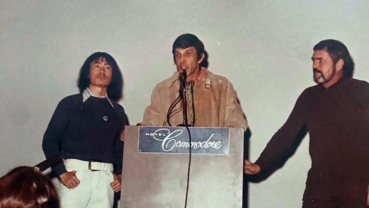 George Takei, Leonard Nimoy and James Doohan at a 1974 convention.
