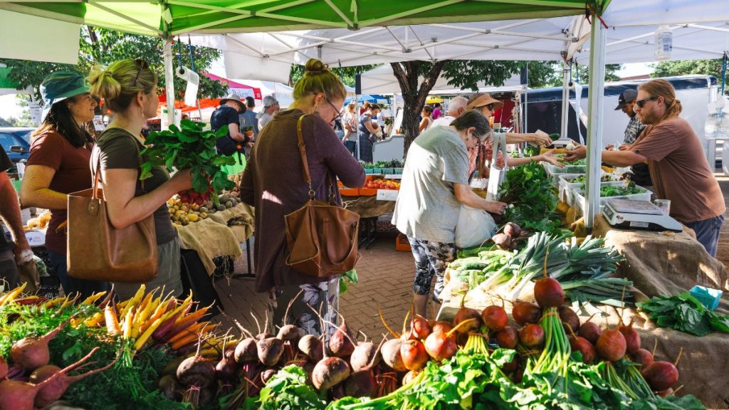 people shopping outside at local farmers markets to enjoy health and nutrition benefits