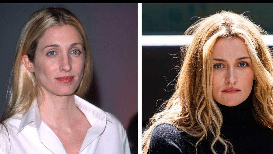 Left: Carolyn Bessette-Kennedy in 1999; Right: Sarah Pidgeon as Carolyn Bessette-Kennedy during the filming of 'American Love Story' in 2025