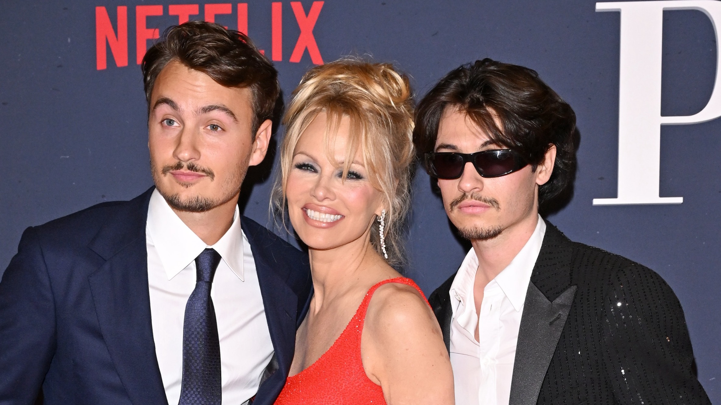 Pamela Anderson with her sons, Brandon (left) and Dylan (right), in 2023