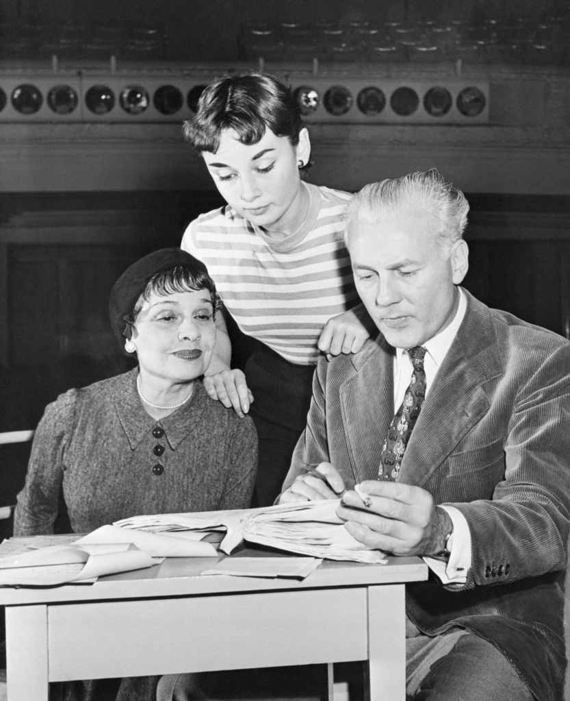 Anita Loos with Gigi's star, Audrey Hepburn, and director, Raymond Rouleau, during a rehearsal of the play in 1951