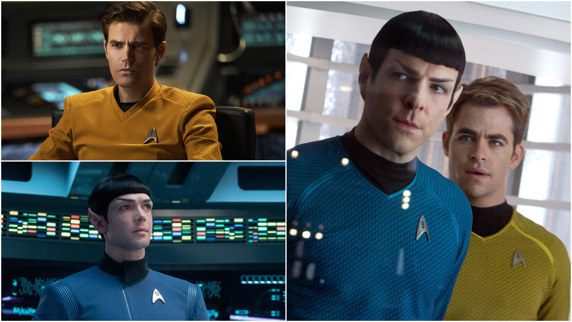 Clockwise from lower left: Paul Wesley as Captain Kirk, Ethan Peck as Mr. Spock, Zachary Quinto and Chris Pine as, respectively Spock and Kirk.