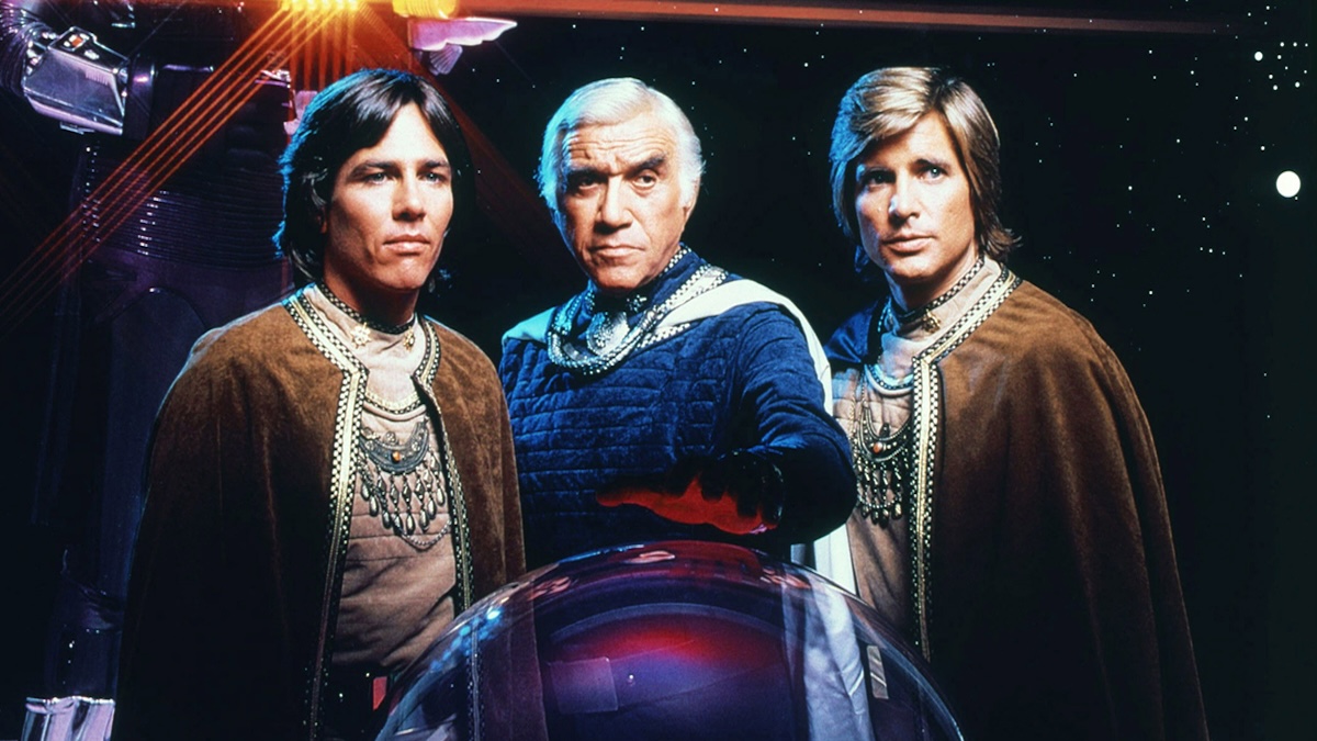 BATTLESTAR GALACTICA, from left: Richard Hatch, Lorne Greene, Dirk Benedict, 1978-79