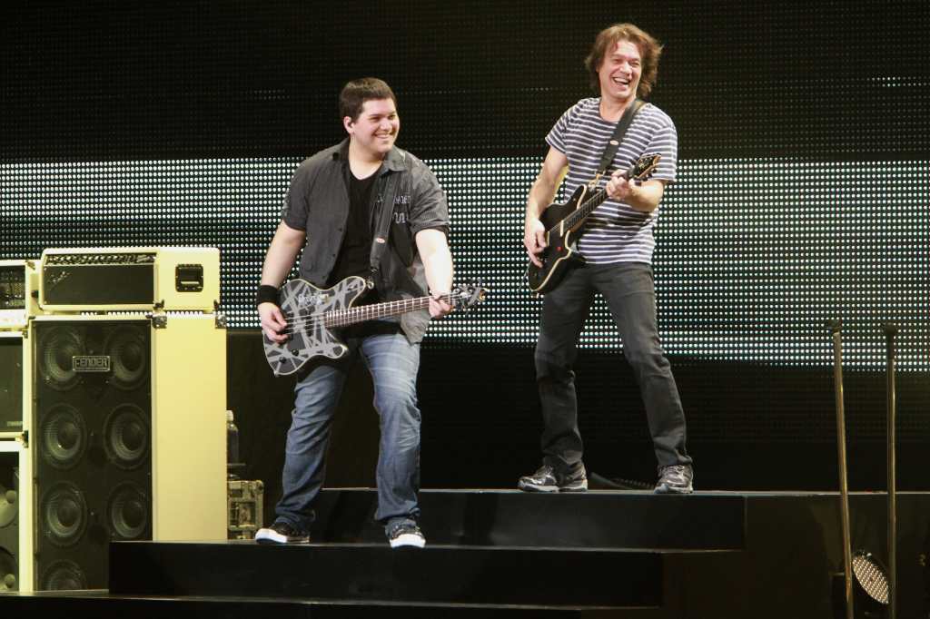 Eddie and Wolfgang Van Halen performing together in 2012