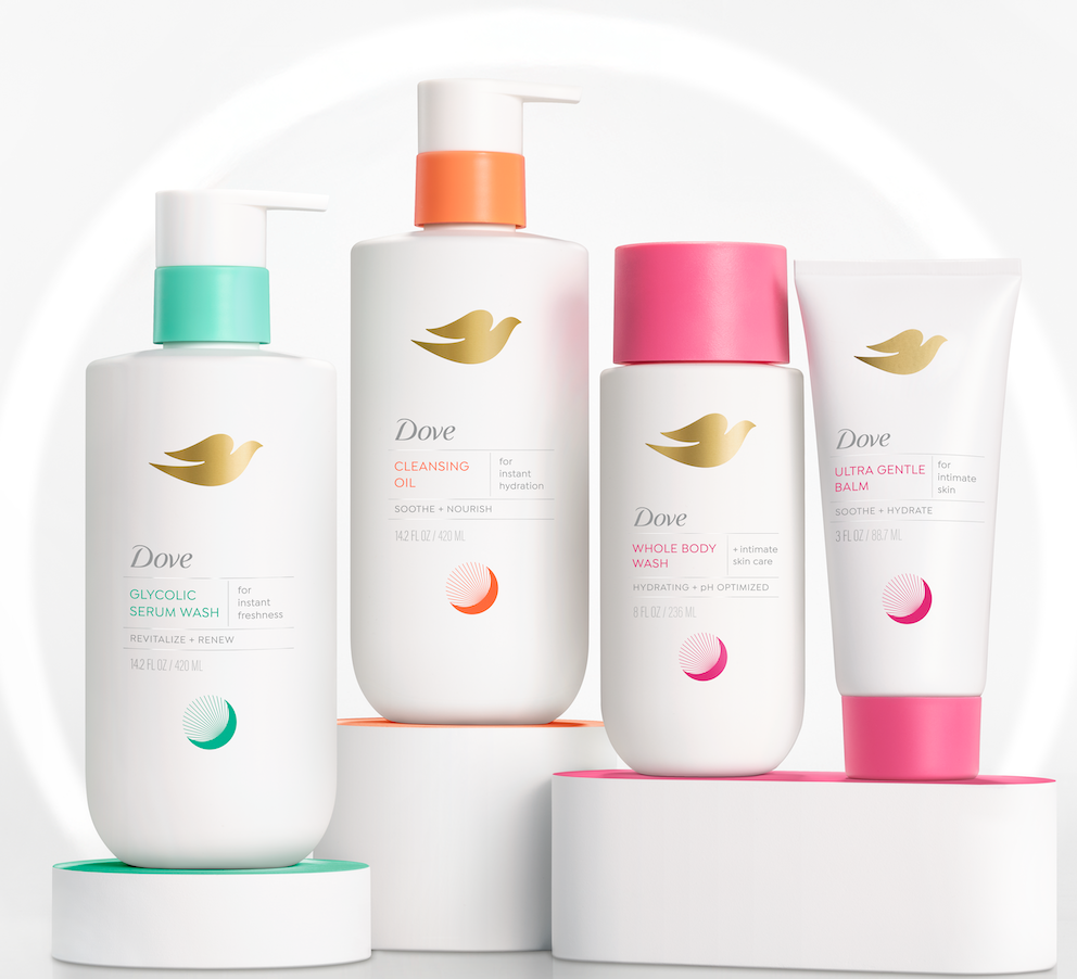 Bottles of four new Dove Women's Wellness products