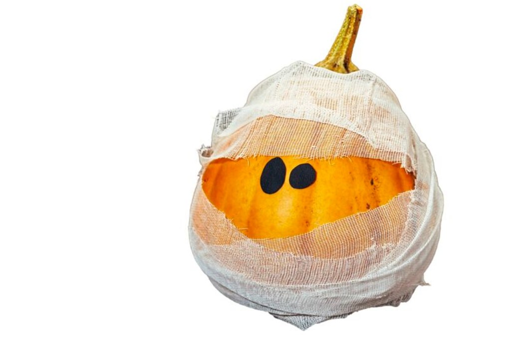 A pumpkin wrapped in gauze