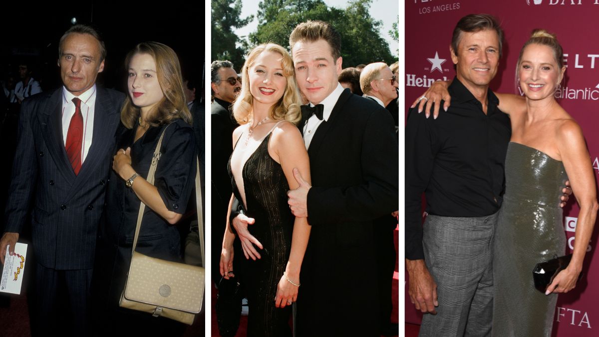 Left to right: Katherine LaNasa and Dennis Hopper in 1988, Katherine LaNasa and French Stewart in 1998, Katherine LaNasa and Grant Show in 2025