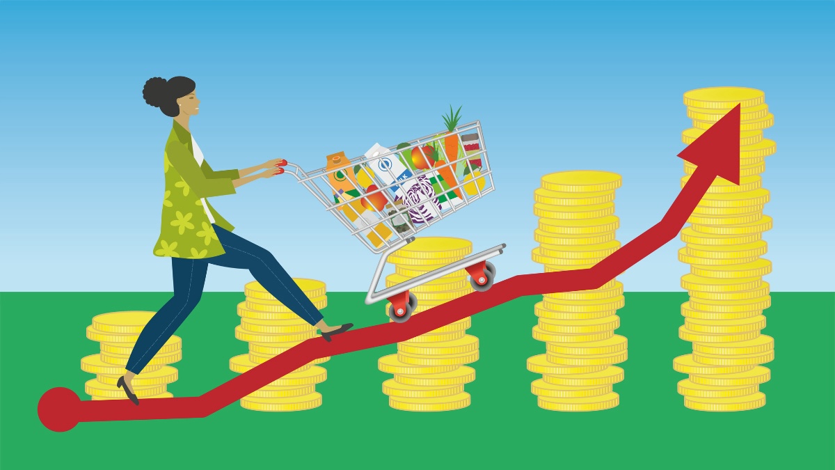 illustration of woman pushing her grocery cart up piles of coins, showing that she is saving on her bills